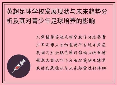 英超足球学校发展现状与未来趋势分析及其对青少年足球培养的影响