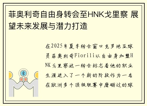 菲奥利奇自由身转会至HNK戈里察 展望未来发展与潜力打造
