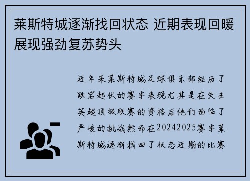 莱斯特城逐渐找回状态 近期表现回暖展现强劲复苏势头